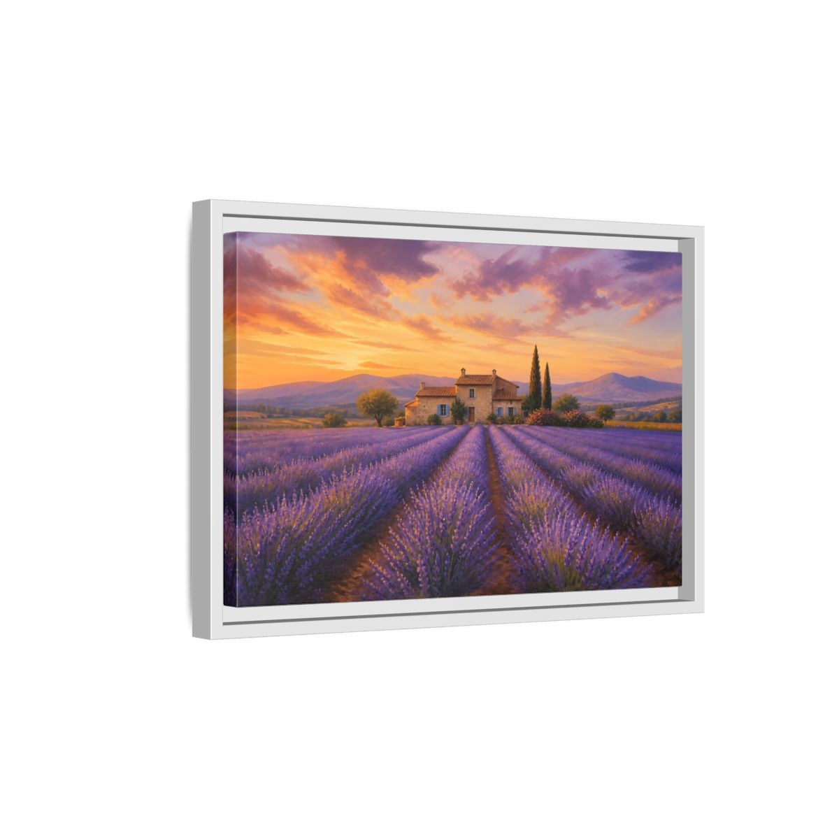 Side Mockup 4. Lavender Sunset Cottage shown as framed canvas print
