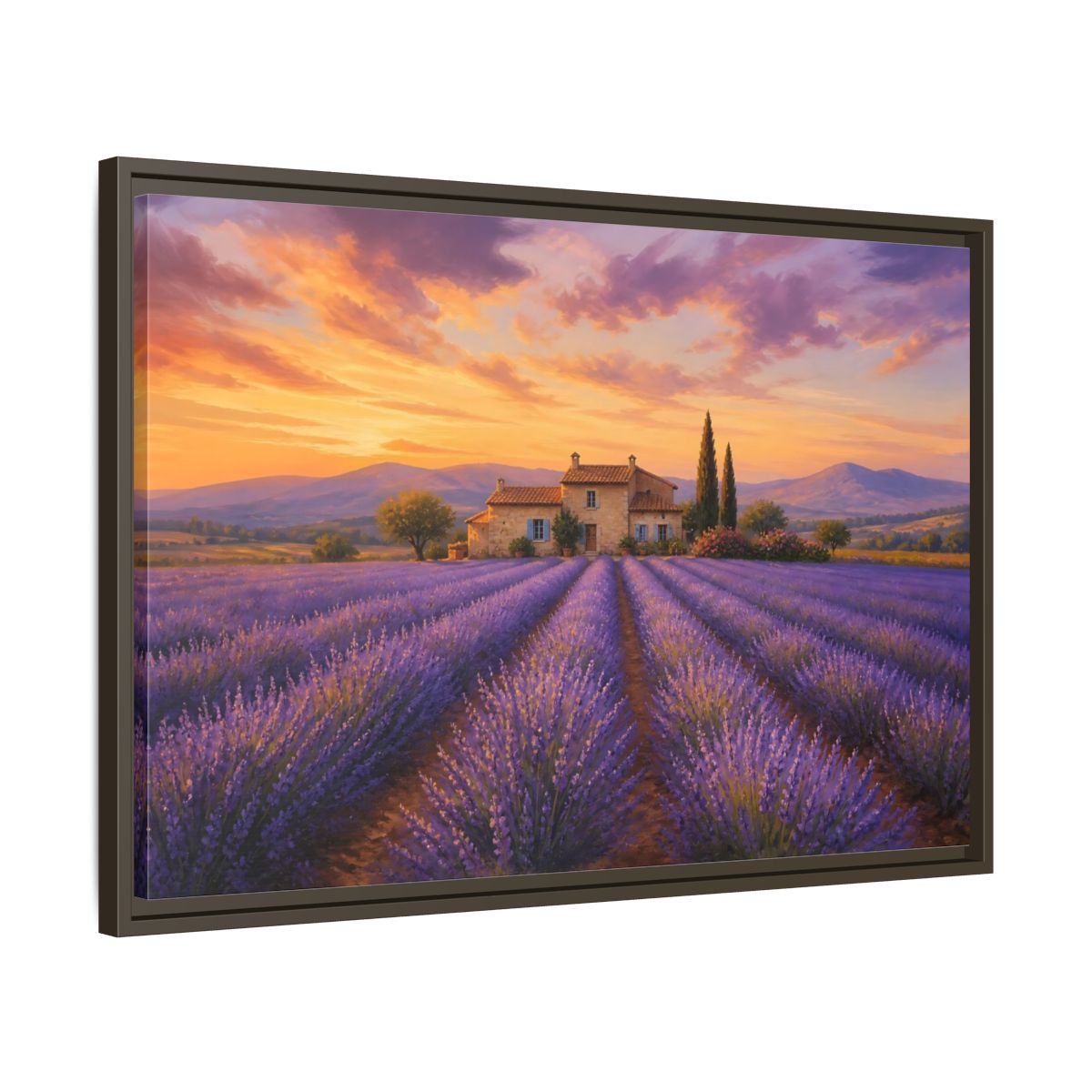 Side Mockup 11. Lavender Sunset Cottage shown as framed canvas print