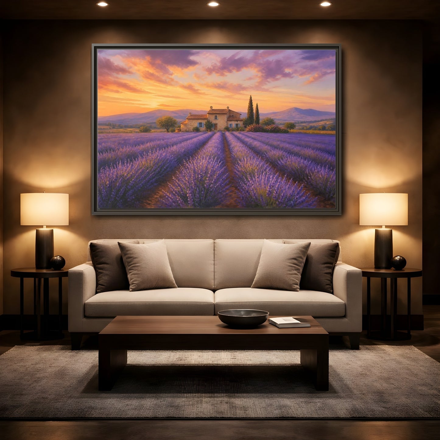 Mockup 2. Lavender Sunset Cottage shown as framed canvas print