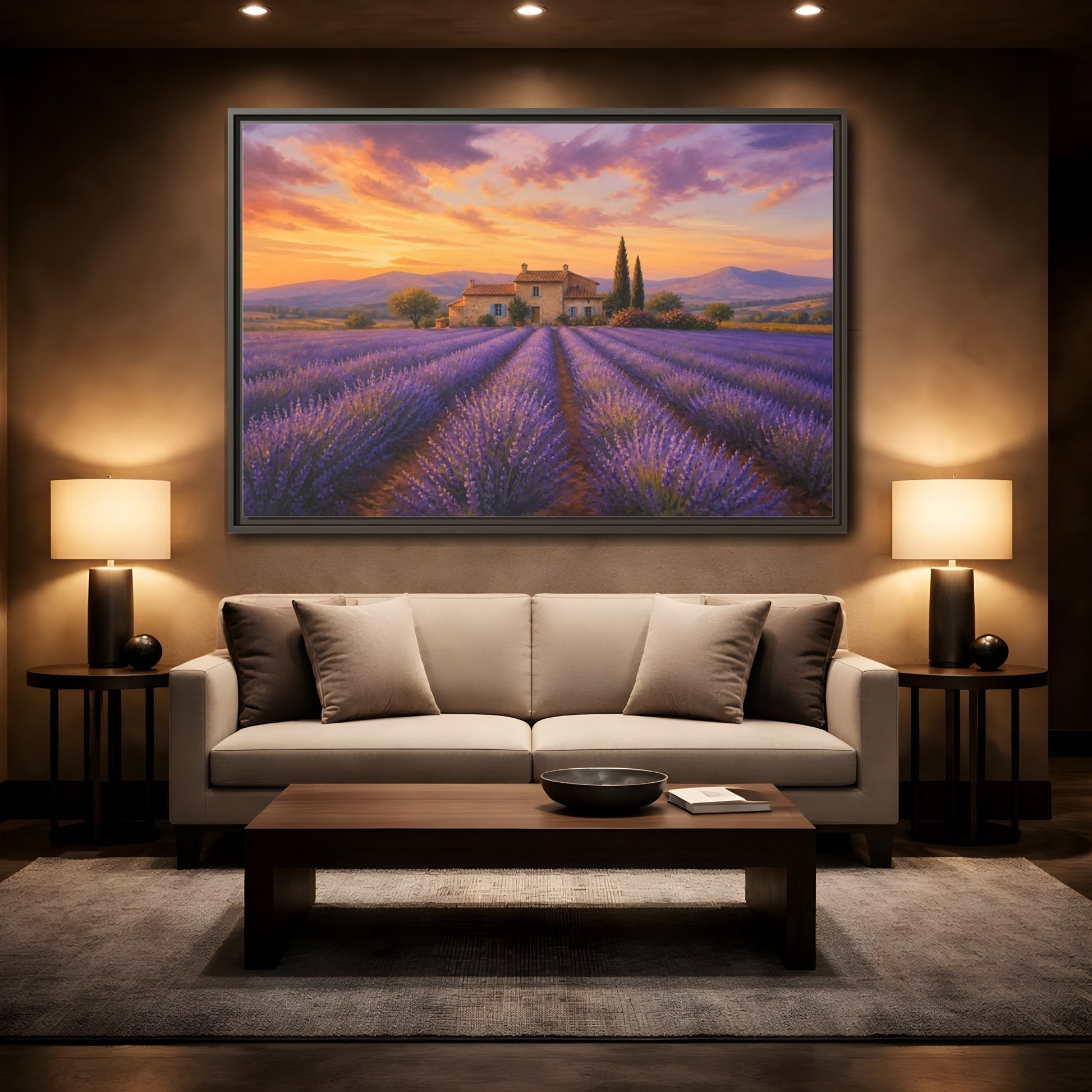 Mockup 2. Lavender Sunset Cottage shown as framed canvas print