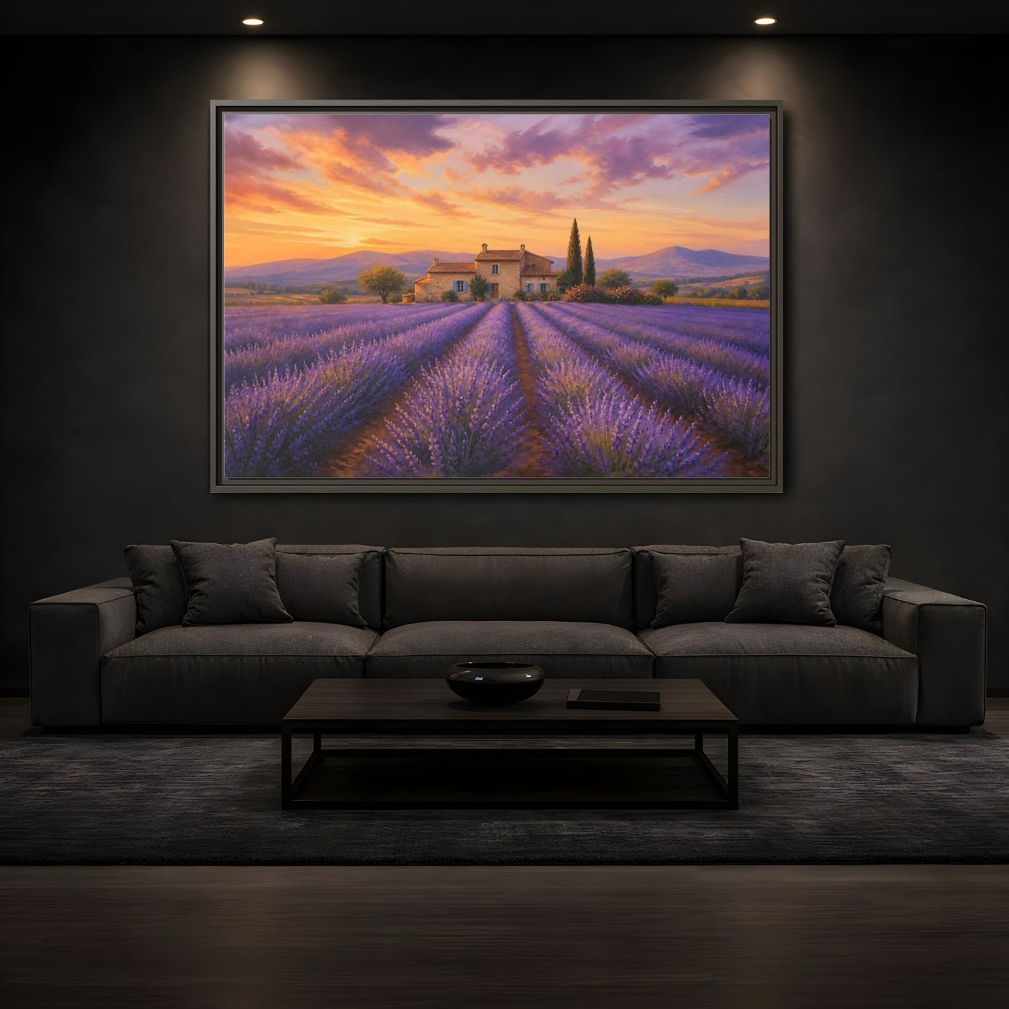 Mockup 3. Lavender Sunset Cottage shown as framed canvas print