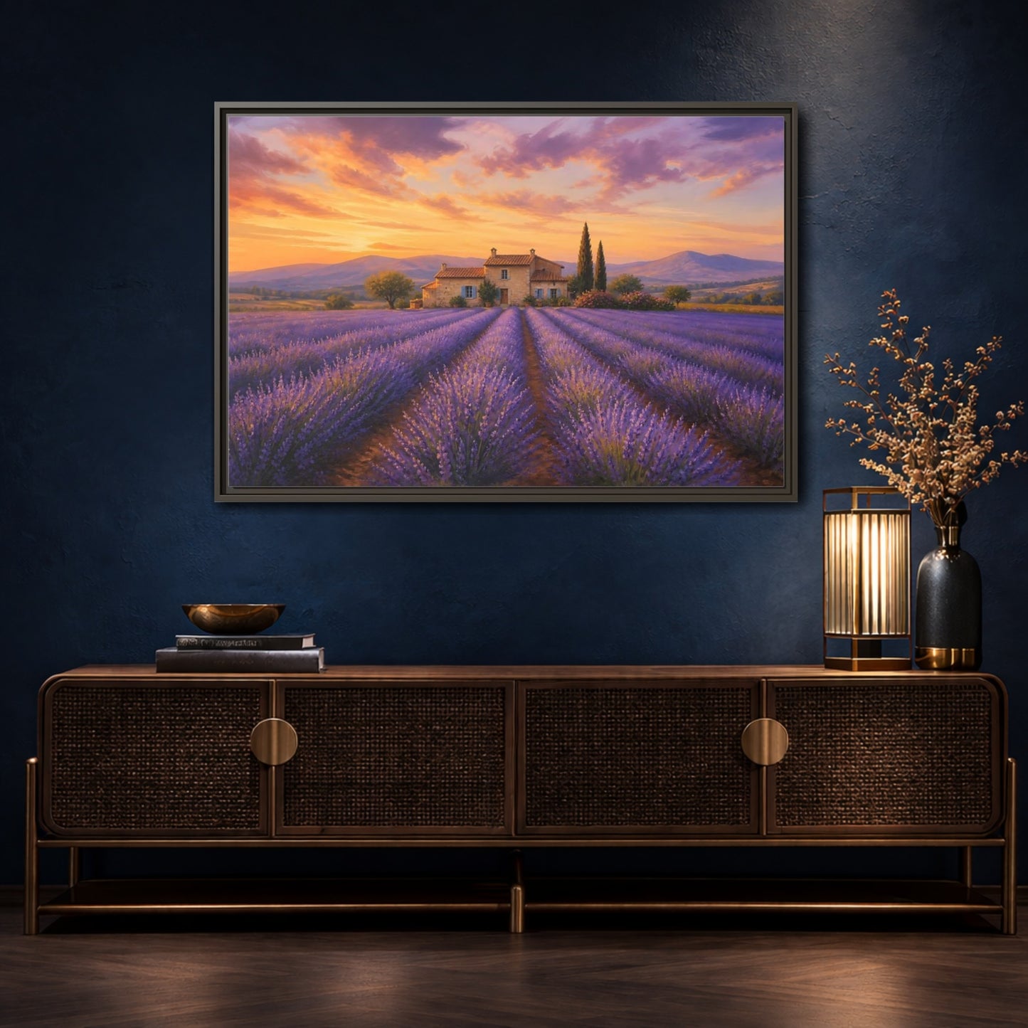 Mockup 4. Lavender Sunset Cottage shown as framed canvas print