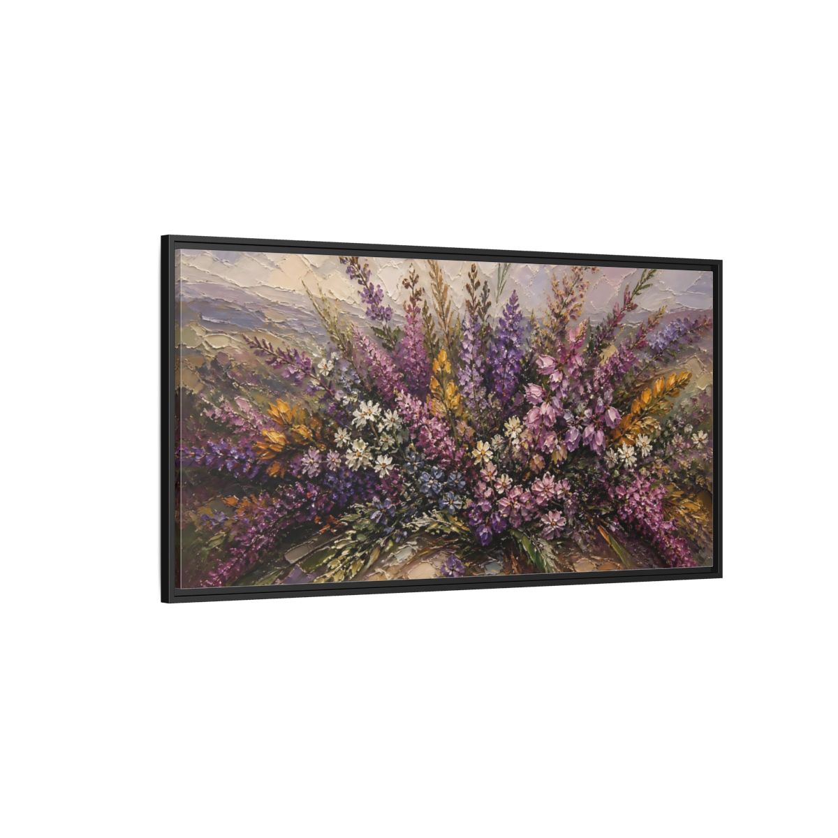 Side Mockup 5. Lavender Wildflower Bouquet shown as framed canvas print