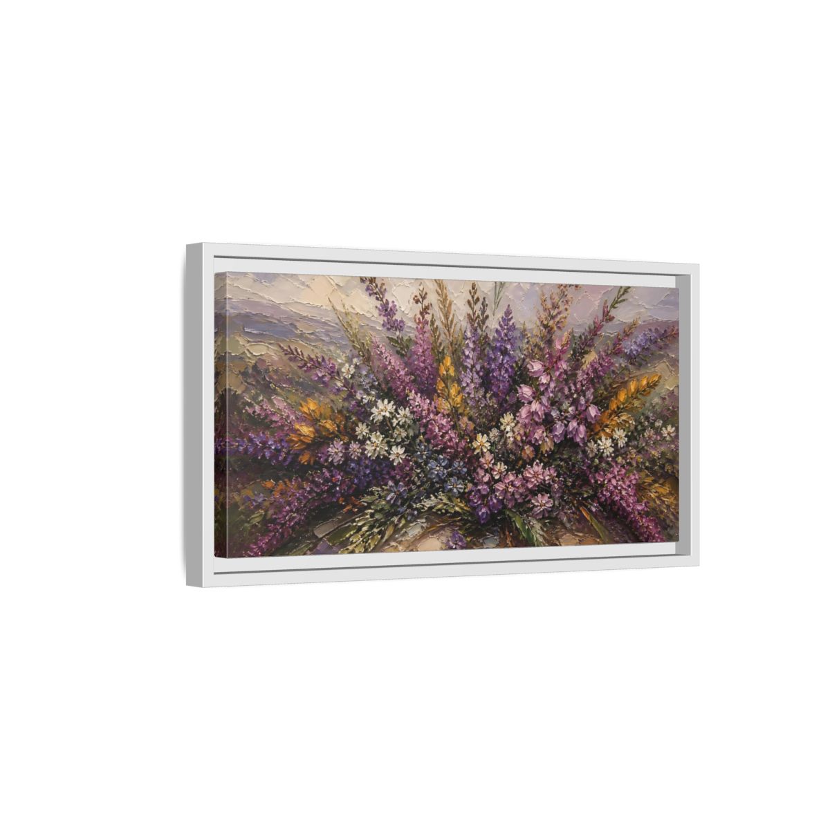 Side Mockup 6. Lavender Wildflower Bouquet shown as framed canvas print