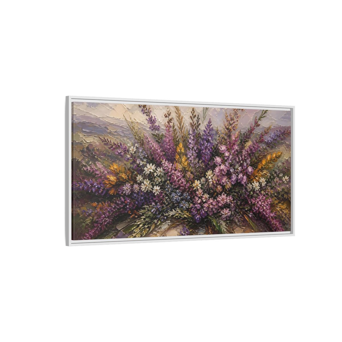 Side Mockup 3. Lavender Wildflower Bouquet shown as framed canvas print