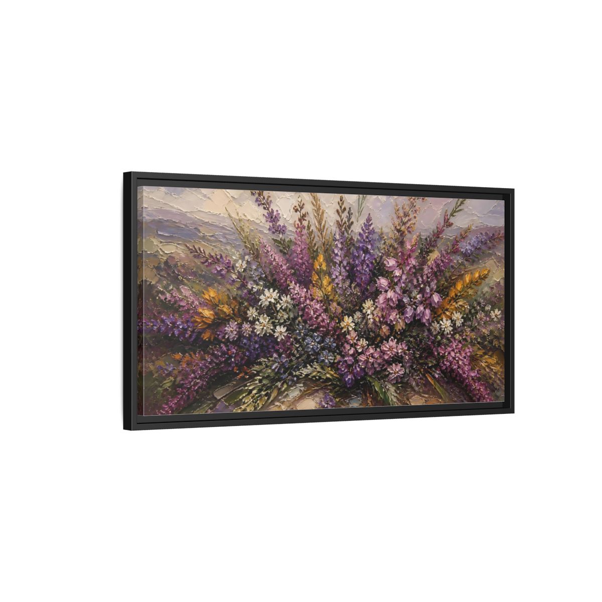 Side Mockup 2. Lavender Wildflower Bouquet shown as framed canvas print
