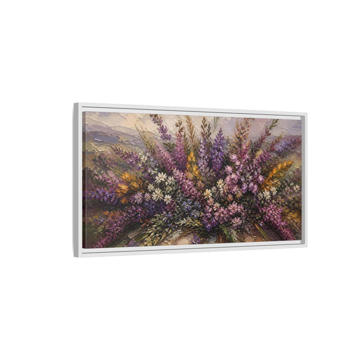 Side Mockup 1. Lavender Wildflower Bouquet shown as framed canvas print