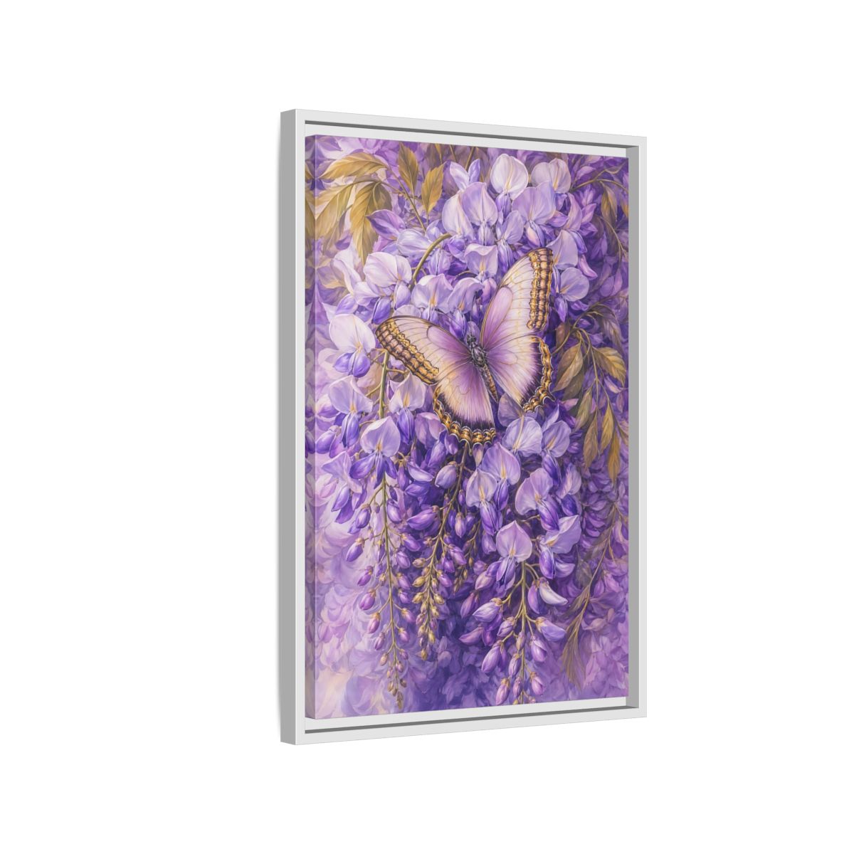 Side Mockup 1. Lavender Wisteria Butterfly shown as framed canvas print