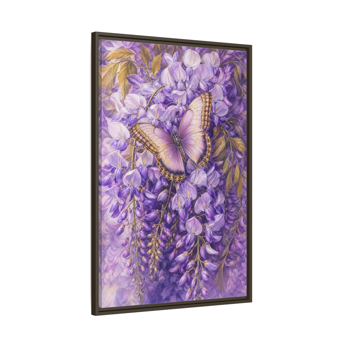 Main Mockup. Lavender Wisteria Butterfly shown as framed canvas print