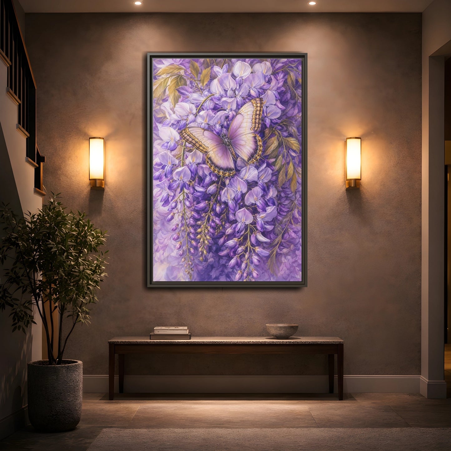 Mockup 2. Lavender Wisteria Butterfly shown as framed canvas print