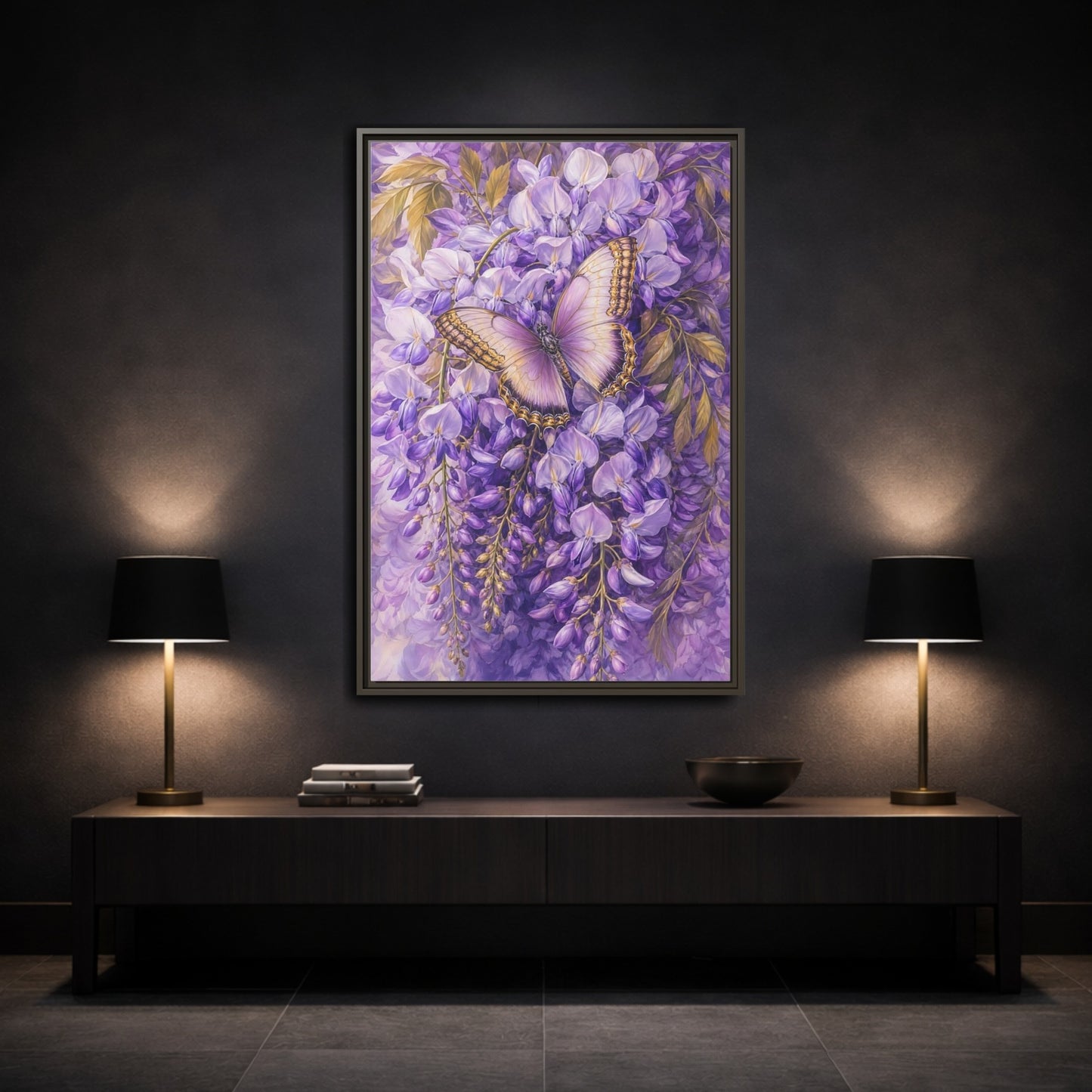 Mockup 3. Lavender Wisteria Butterfly shown as framed canvas print