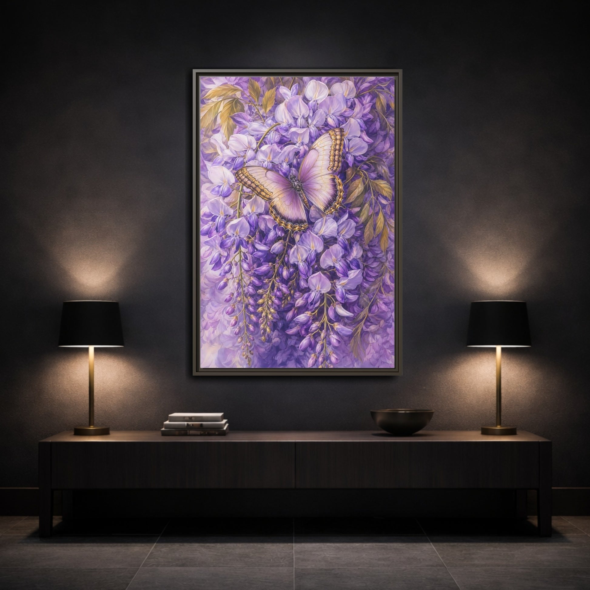 Mockup 3. Lavender Wisteria Butterfly shown as framed canvas print