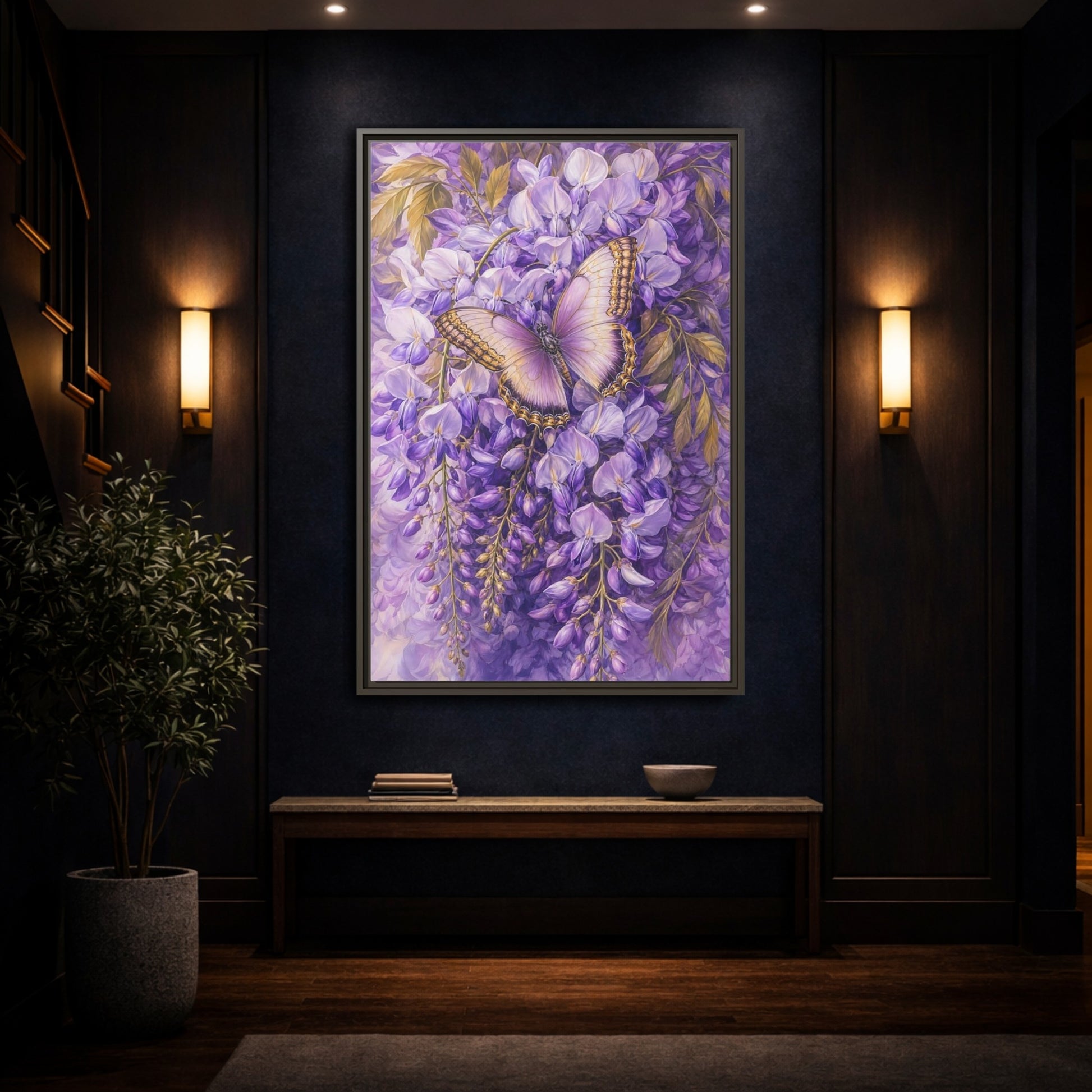Mockup 4. Lavender Wisteria Butterfly shown as framed canvas print