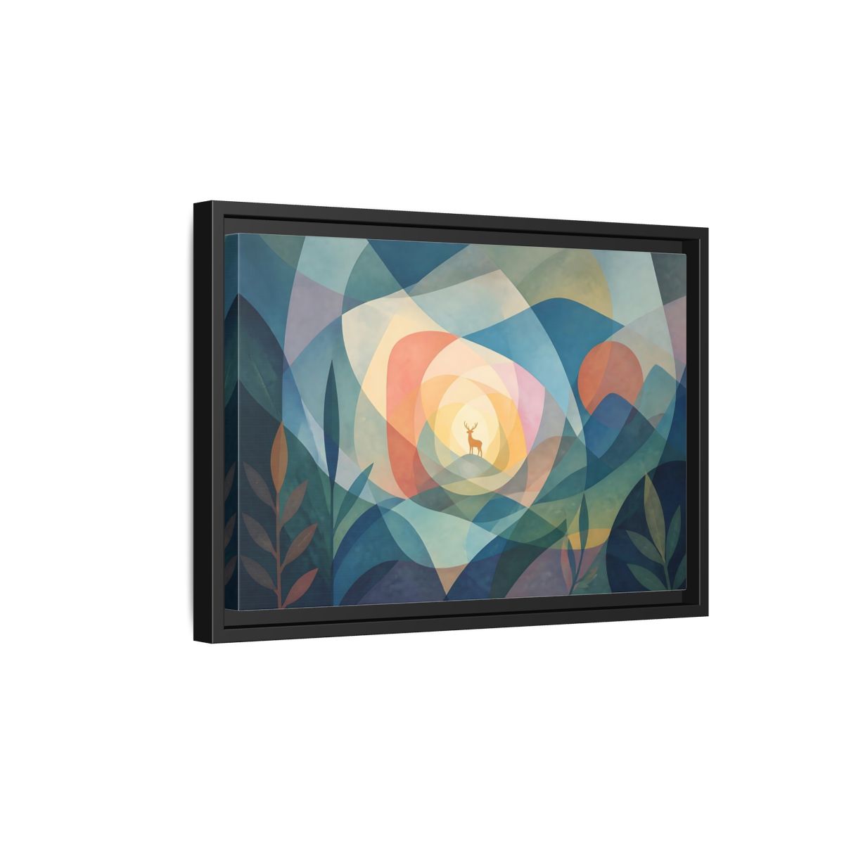 Side Mockup 6. Layered Dawn Deer shown as framed canvas print