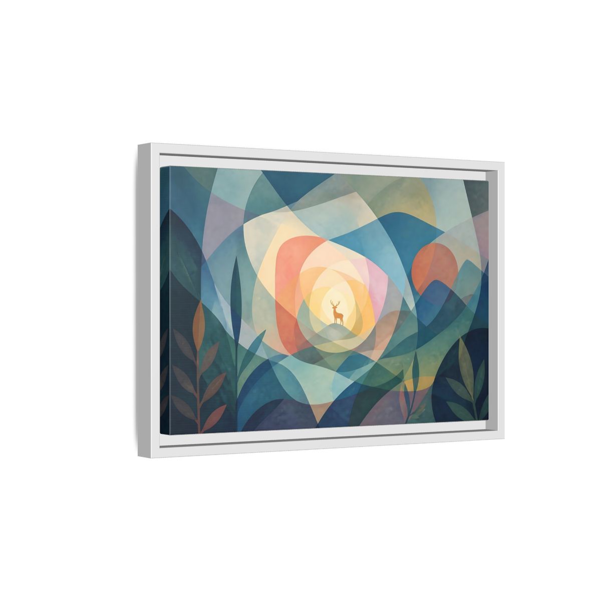 Side Mockup 4. Layered Dawn Deer shown as framed canvas print
