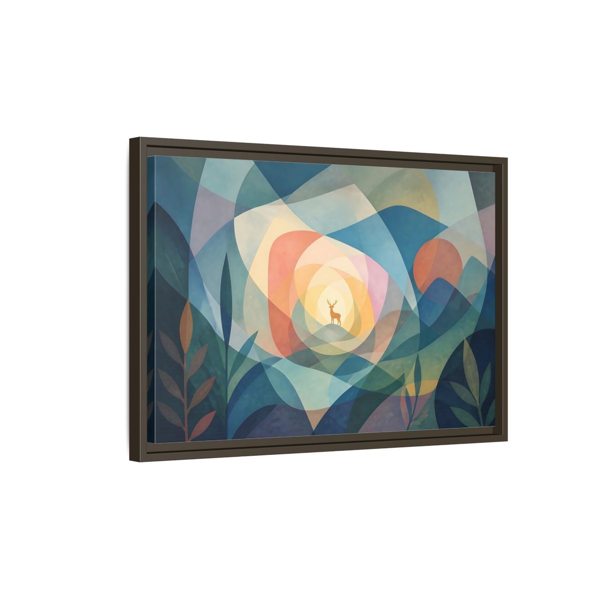 Side Mockup 2. Layered Dawn Deer shown as framed canvas print