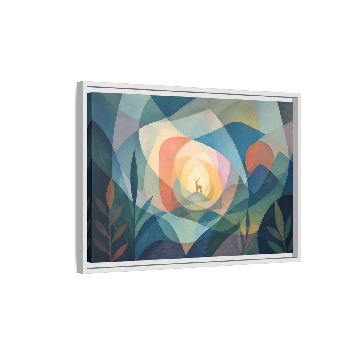 Side Mockup 1. Layered Dawn Deer shown as framed canvas print