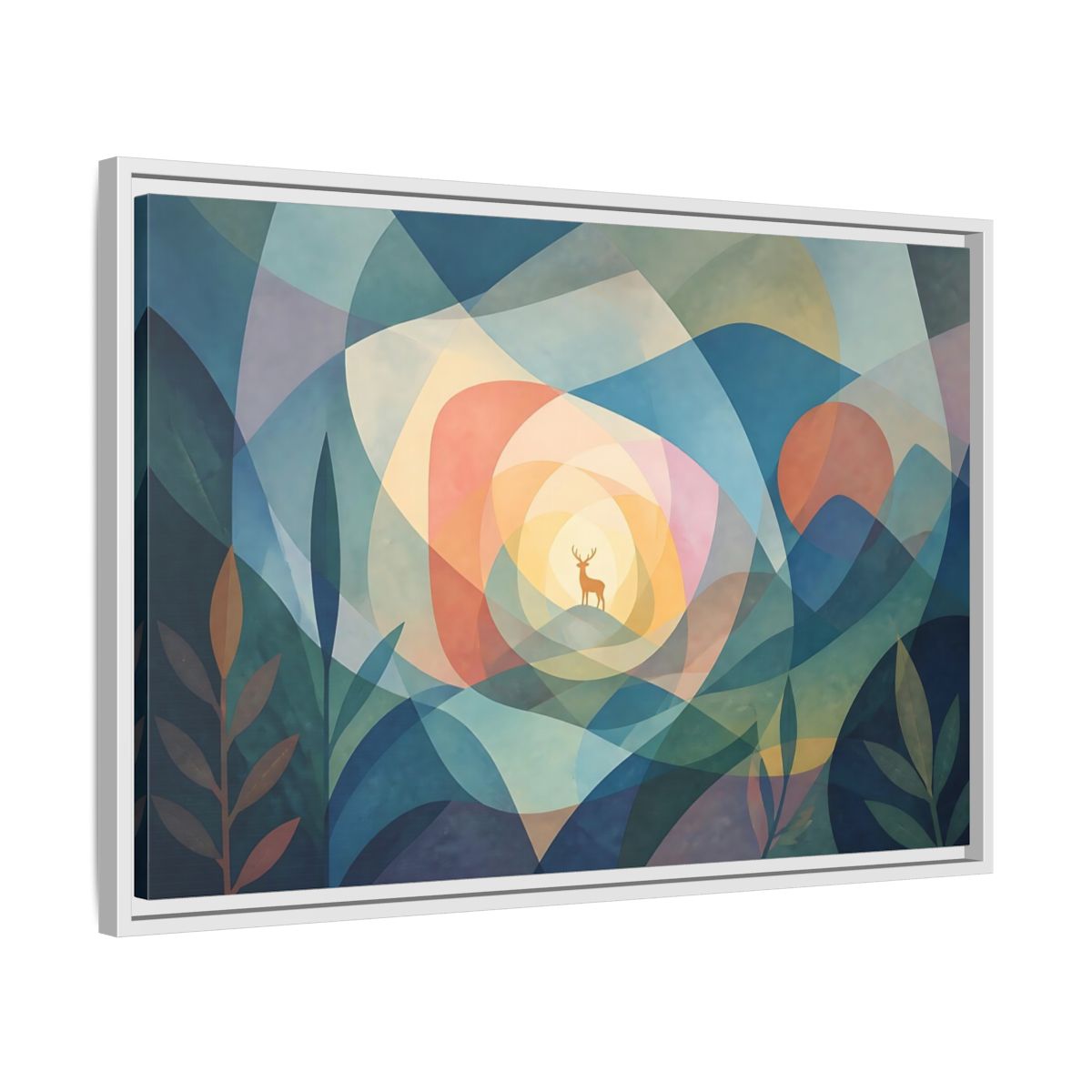 Side Mockup 10. Layered Dawn Deer shown as framed canvas print