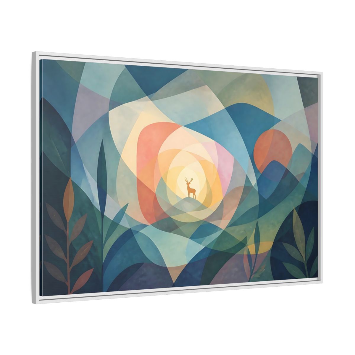 Side Mockup 7. Layered Dawn Deer shown as framed canvas print