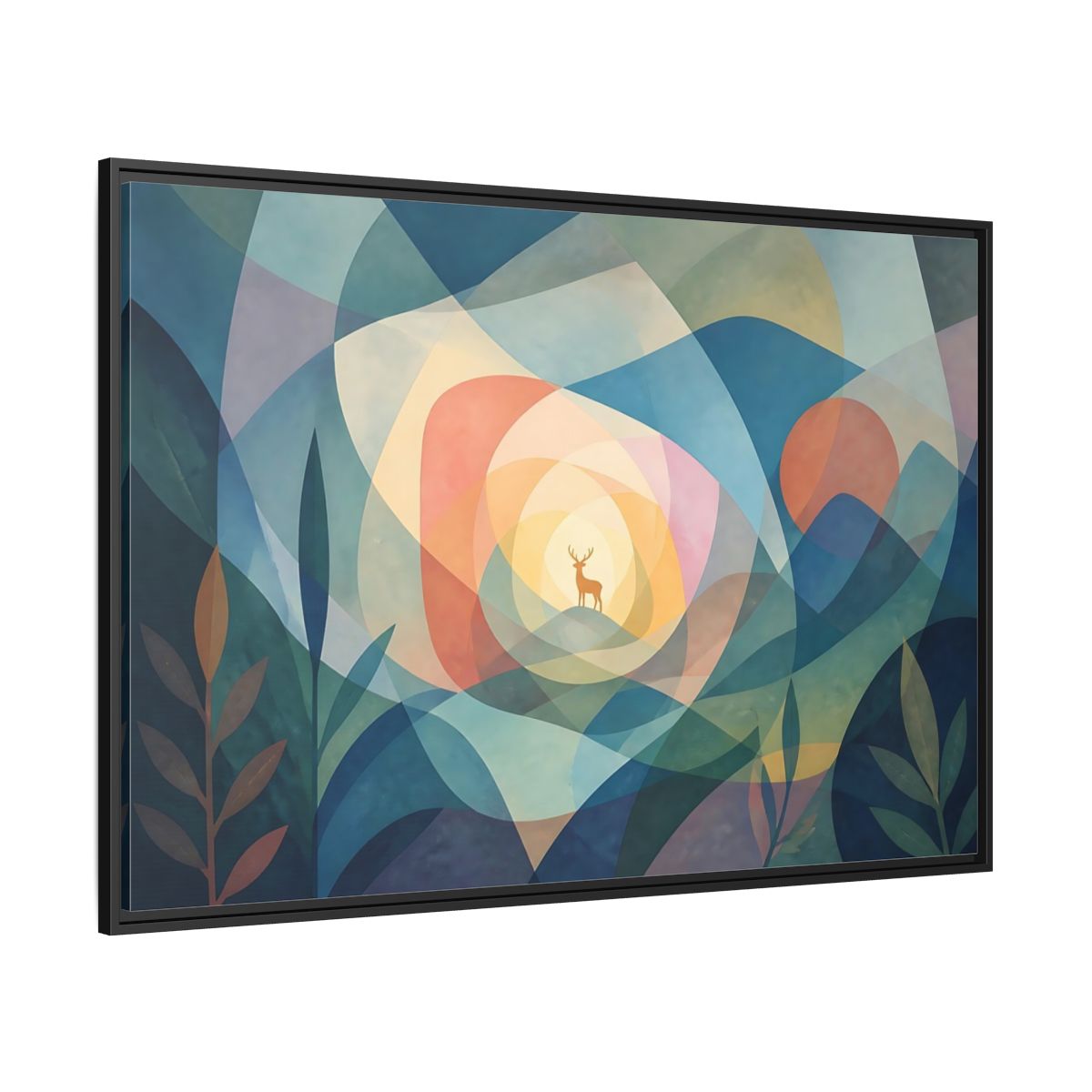 Side Mockup 12. Layered Dawn Deer shown as framed canvas print