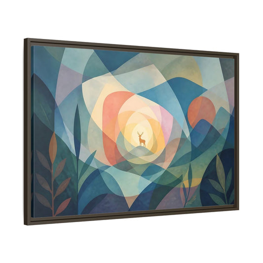 Main Mockup. Layered Dawn Deer shown as framed canvas print