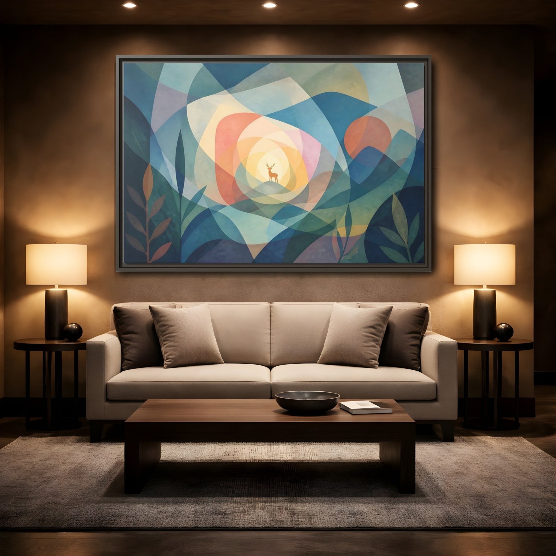Mockup 2. Layered Dawn Deer shown as framed canvas print