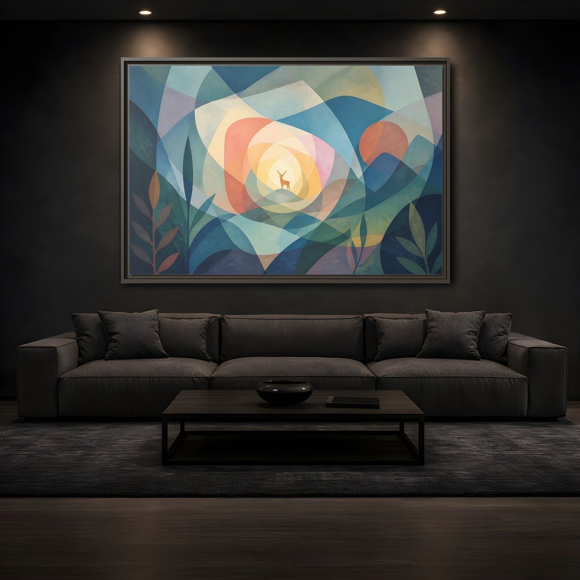 Mockup 3. Layered Dawn Deer shown as framed canvas print