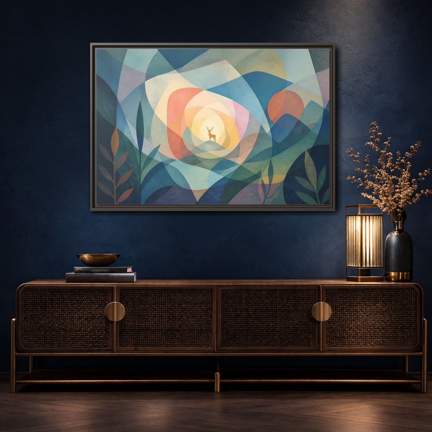 Mockup 4. Layered Dawn Deer shown as framed canvas print