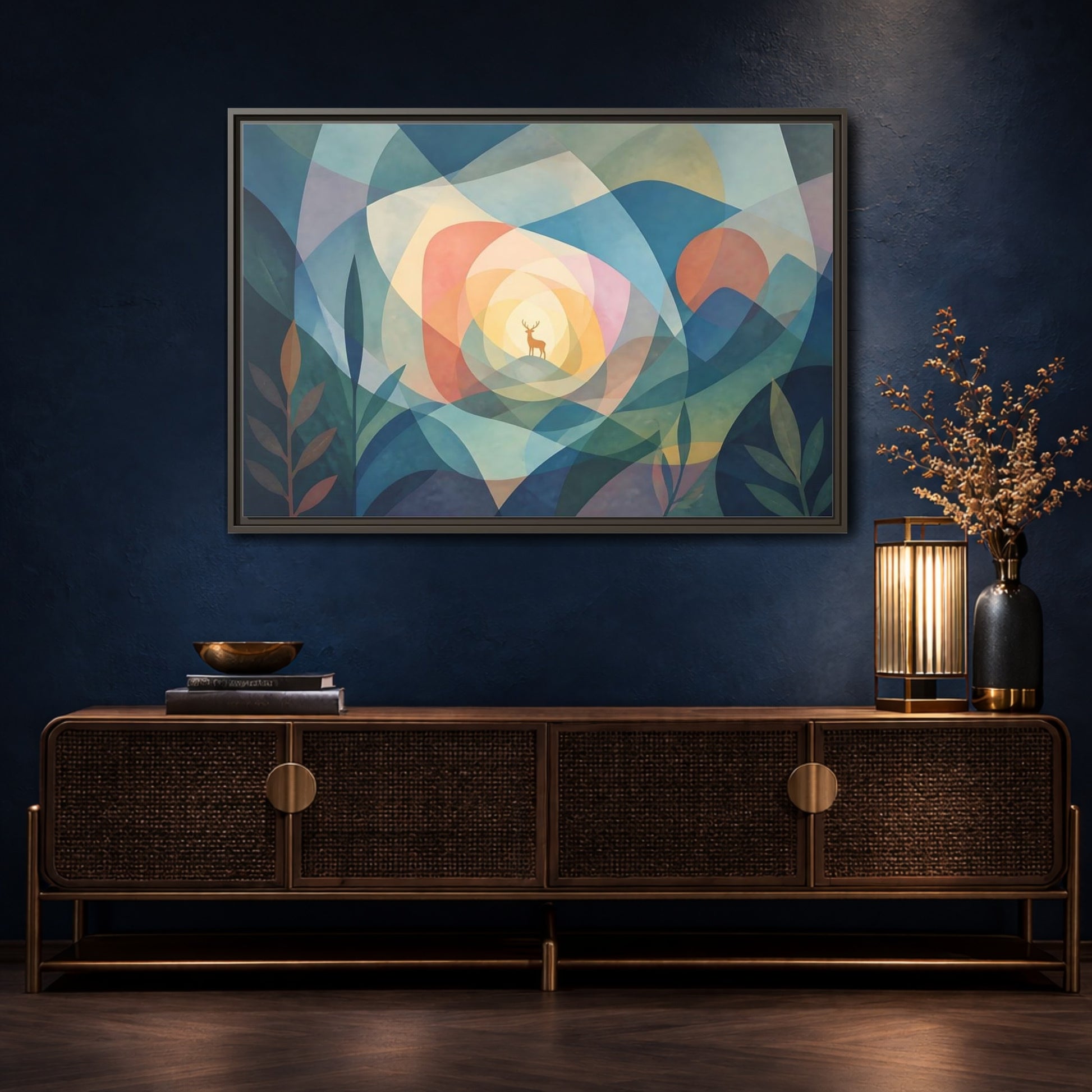 Mockup 4. Layered Dawn Deer shown as framed canvas print