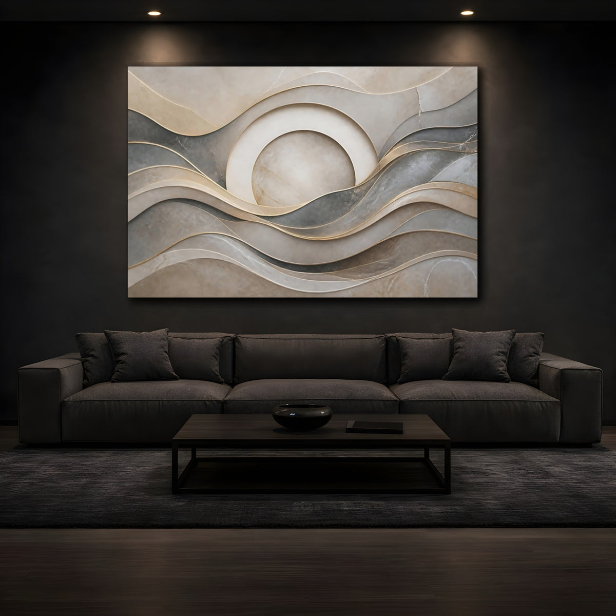 Mockup 3. Layered Stone Waves shown as canvas print