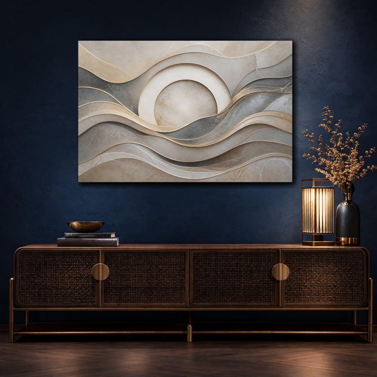 Mockup 4. Layered Stone Waves shown as canvas print