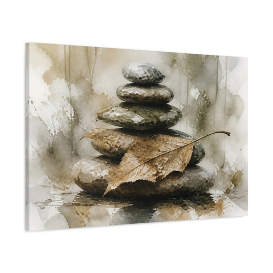 Main Mockup. Leaf On Balanced Stones shown as canvas print