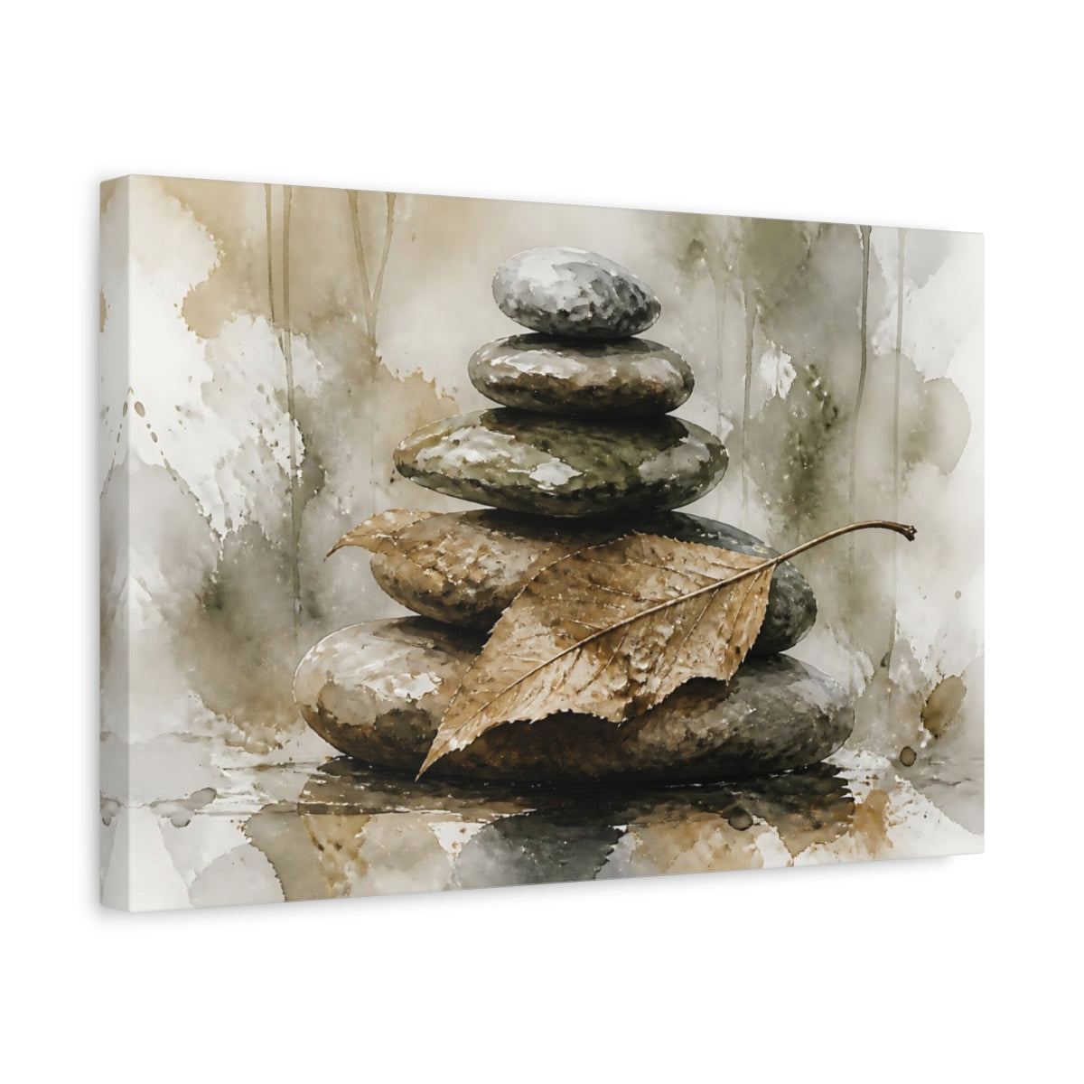 Side Mockup 4. Leaf On Balanced Stones shown as canvas print