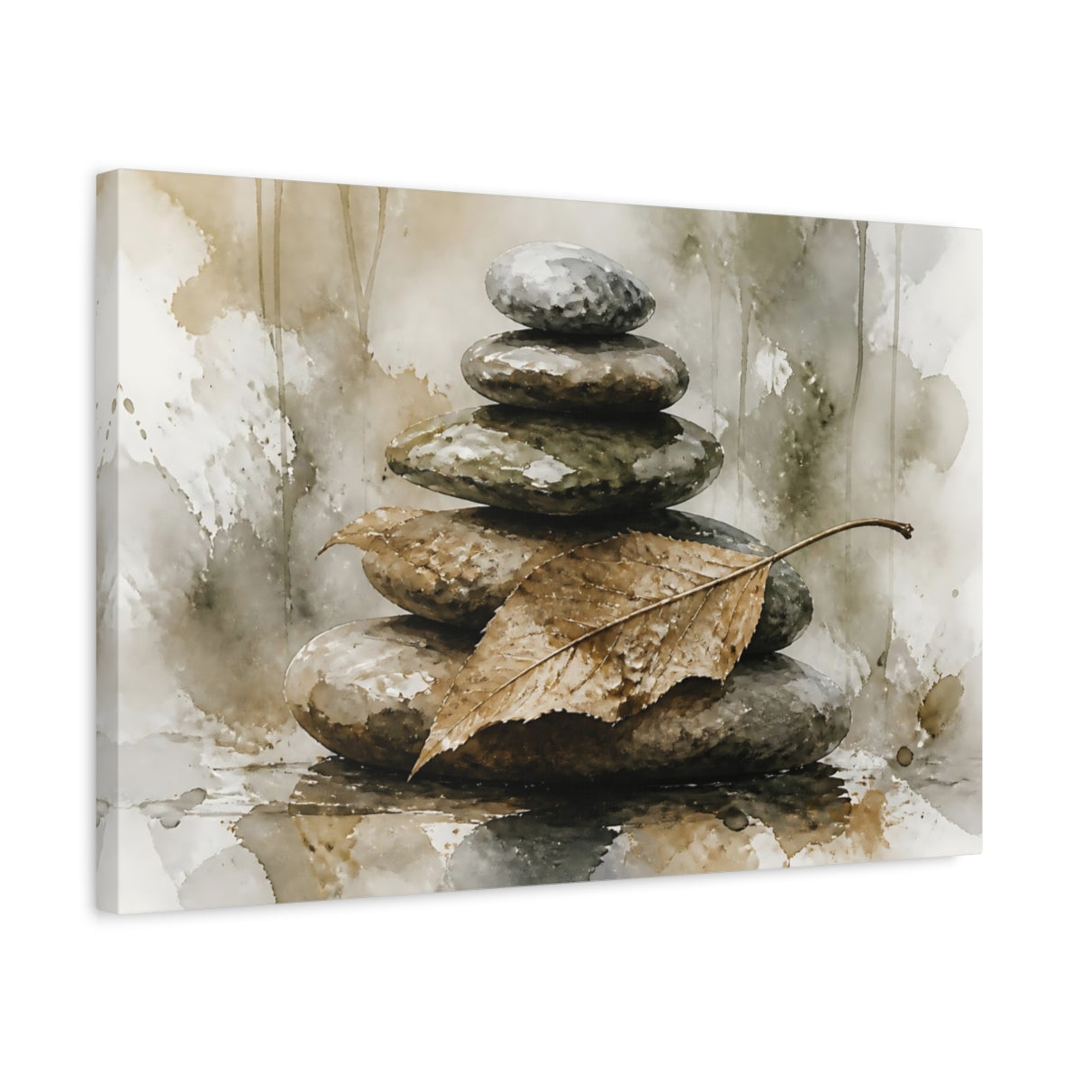 Side Mockup 3. Leaf On Balanced Stones shown as canvas print