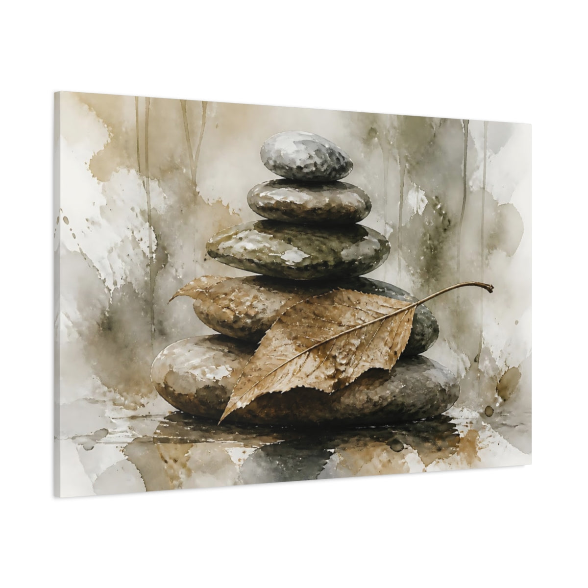 Side Mockup 1. Leaf On Balanced Stones shown as canvas print