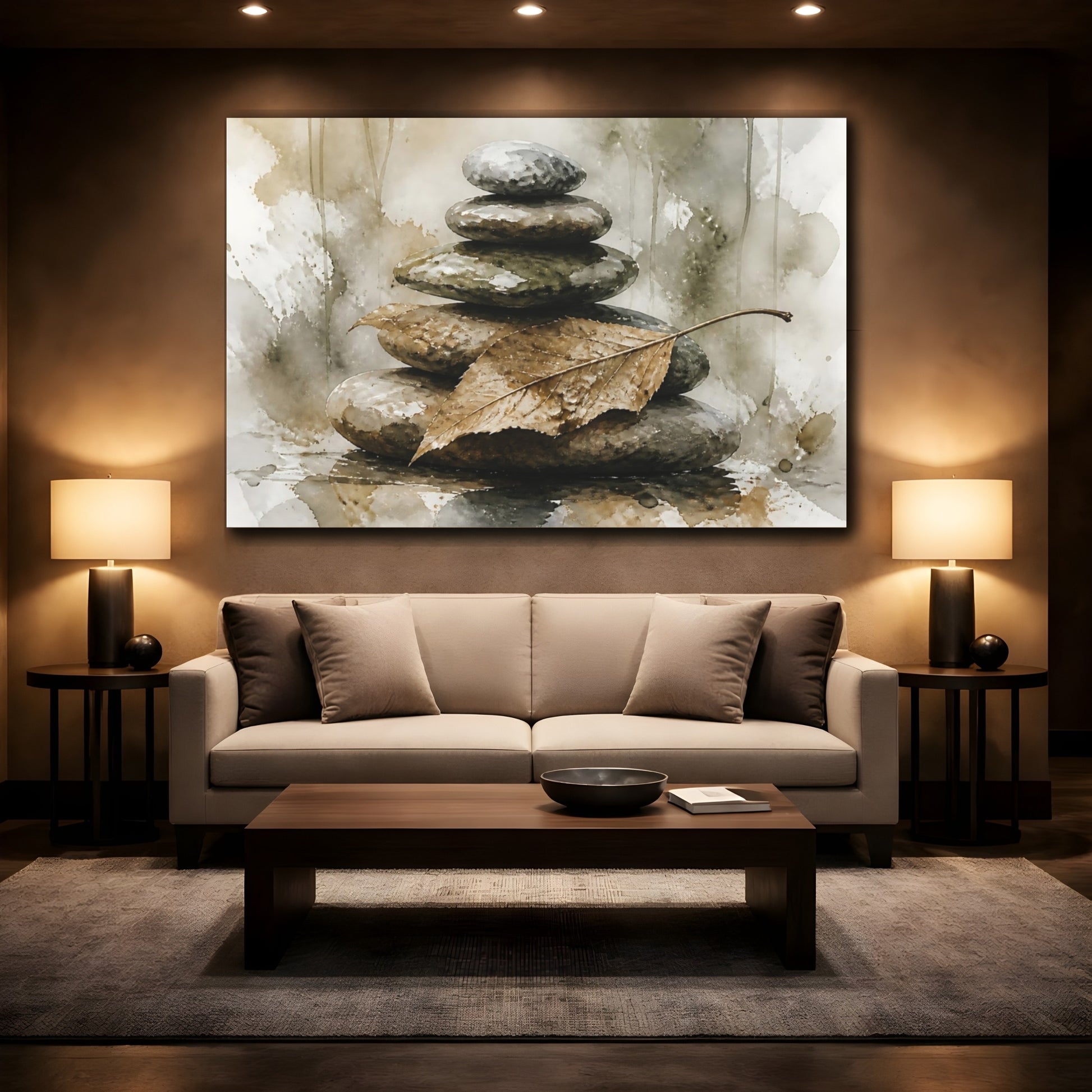 Mockup 2. Leaf On Balanced Stones shown as canvas print
