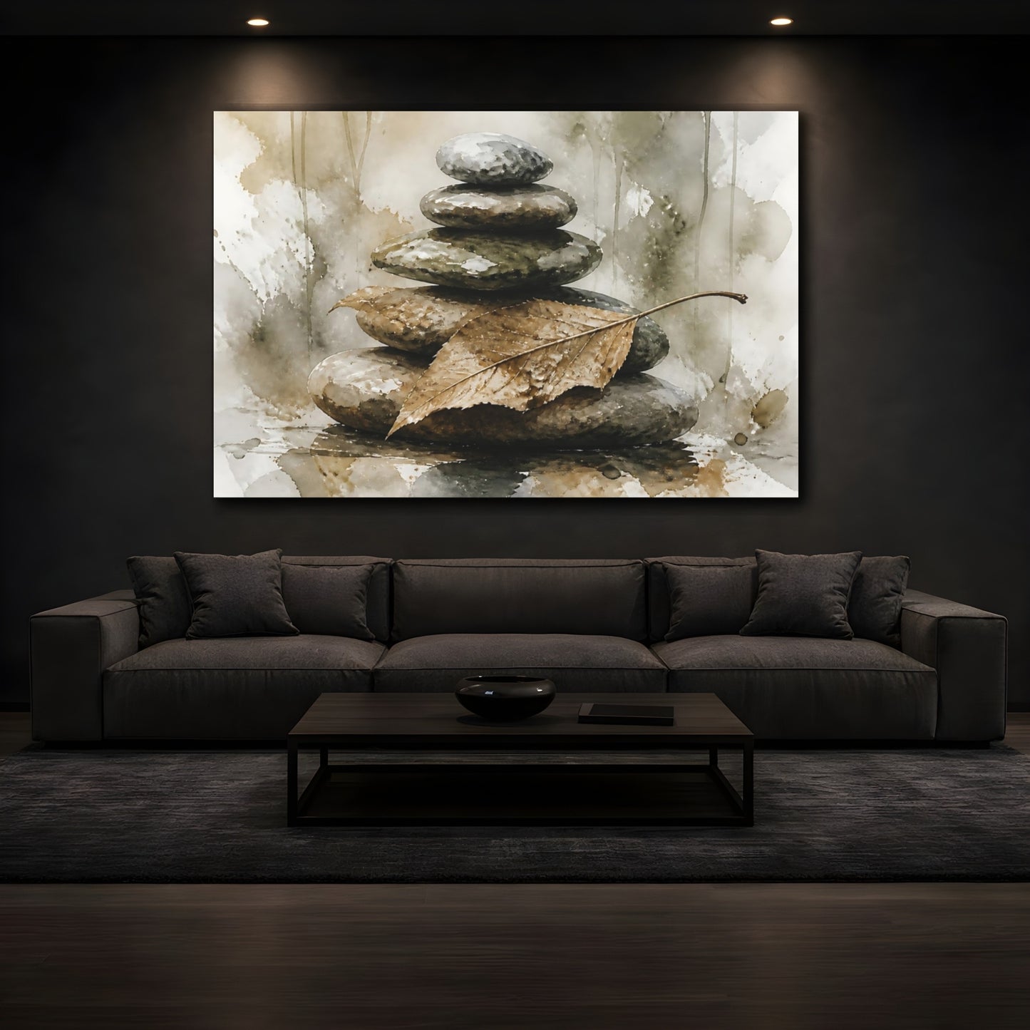 Mockup 3. Leaf On Balanced Stones shown as canvas print