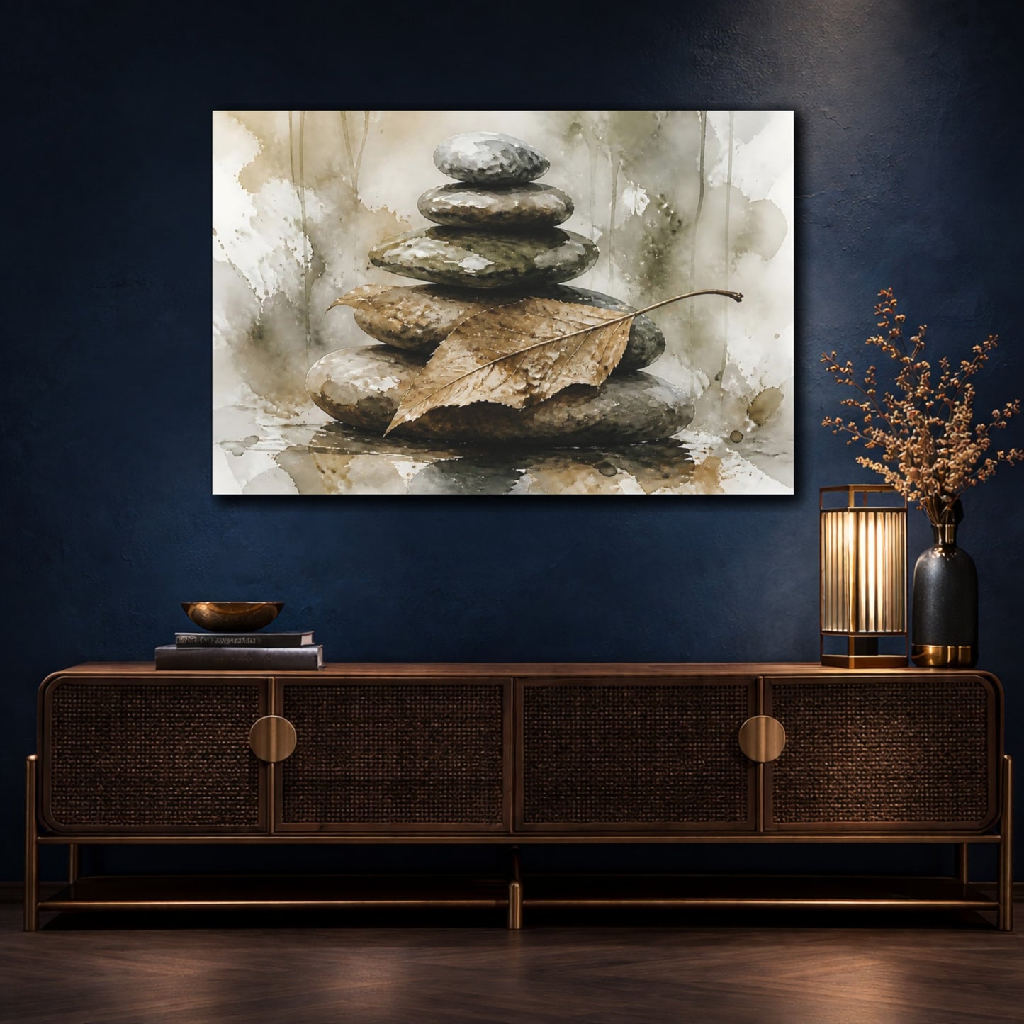 Mockup 4. Leaf On Balanced Stones shown as canvas print
