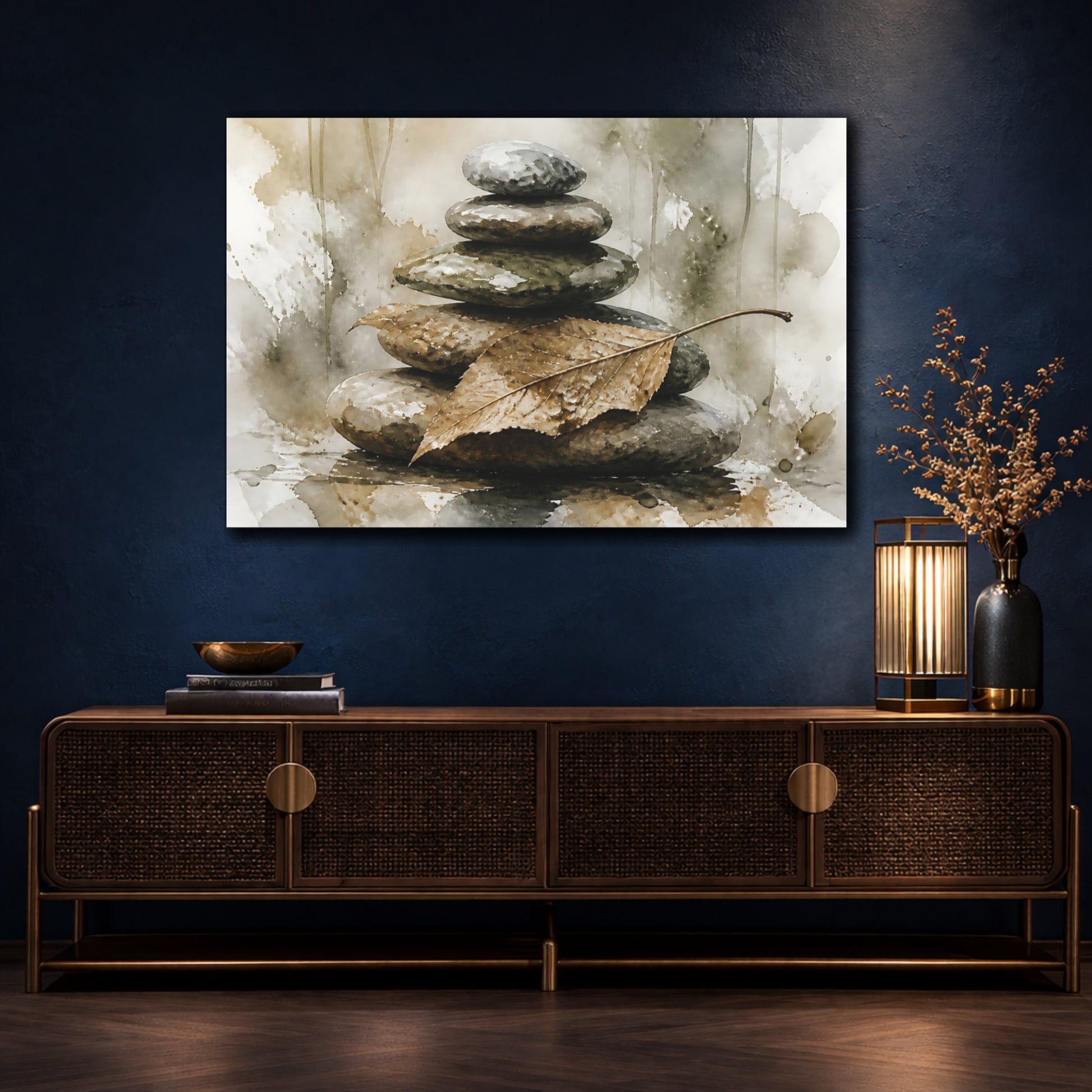 Mockup 4. Leaf On Balanced Stones shown as canvas print