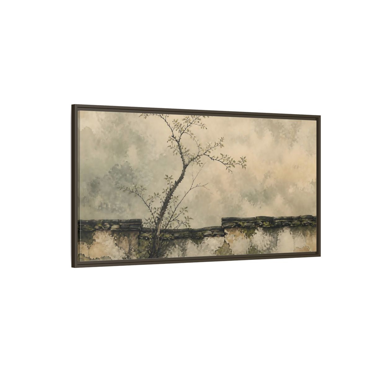 Side Mockup 4. Leaning Branch On Mossy Wall shown as framed canvas print