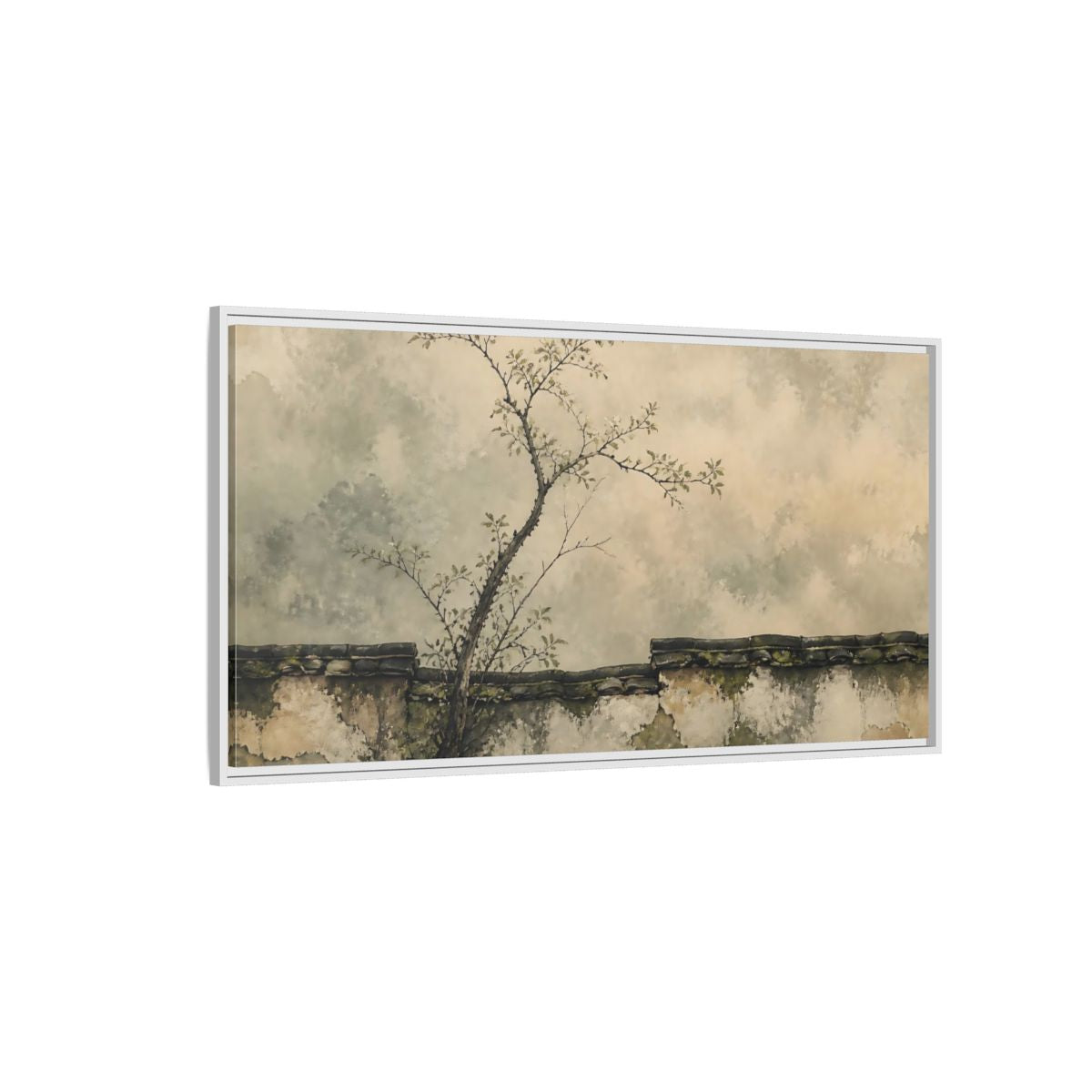 Side Mockup 3. Leaning Branch On Mossy Wall shown as framed canvas print