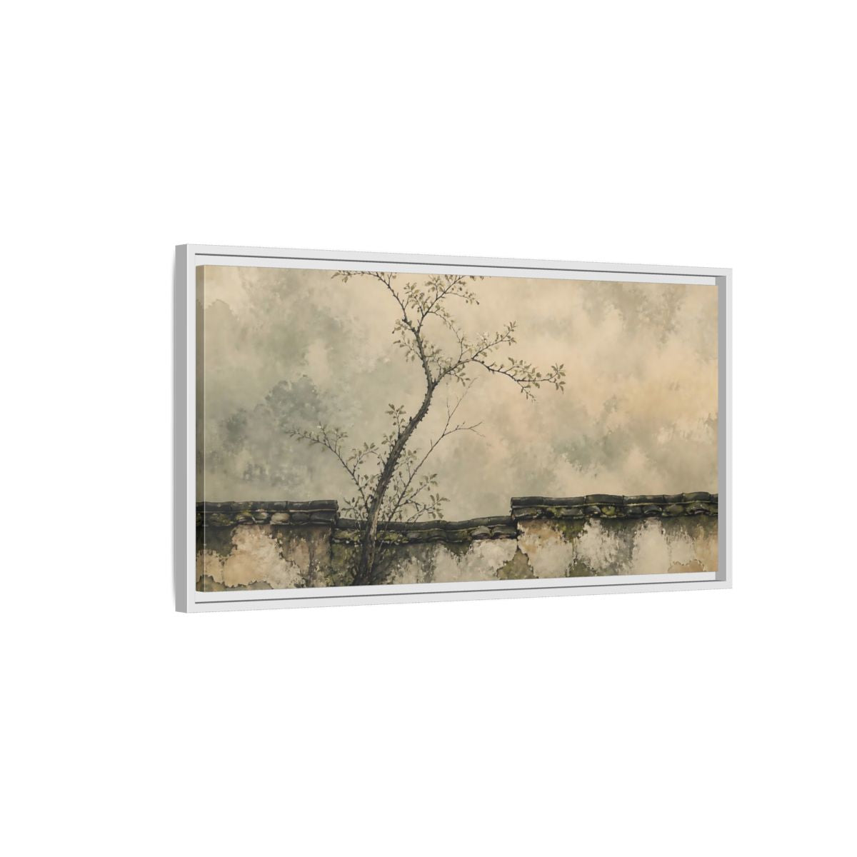Side Mockup 1. Leaning Branch On Mossy Wall shown as framed canvas print