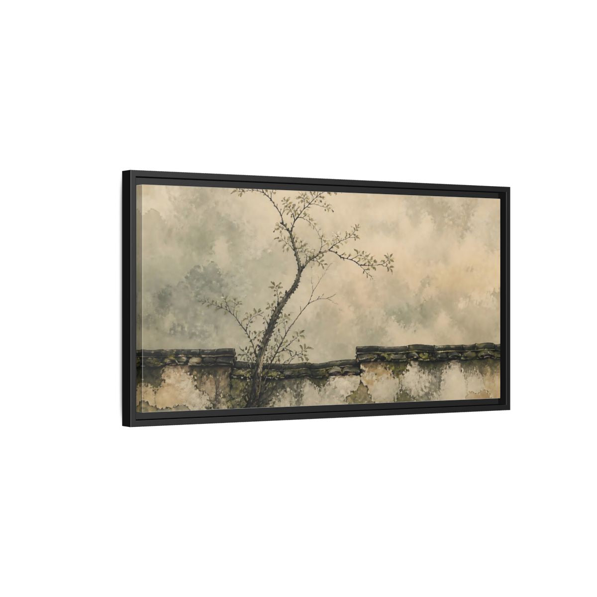 Side Mockup 2. Leaning Branch On Mossy Wall shown as framed canvas print
