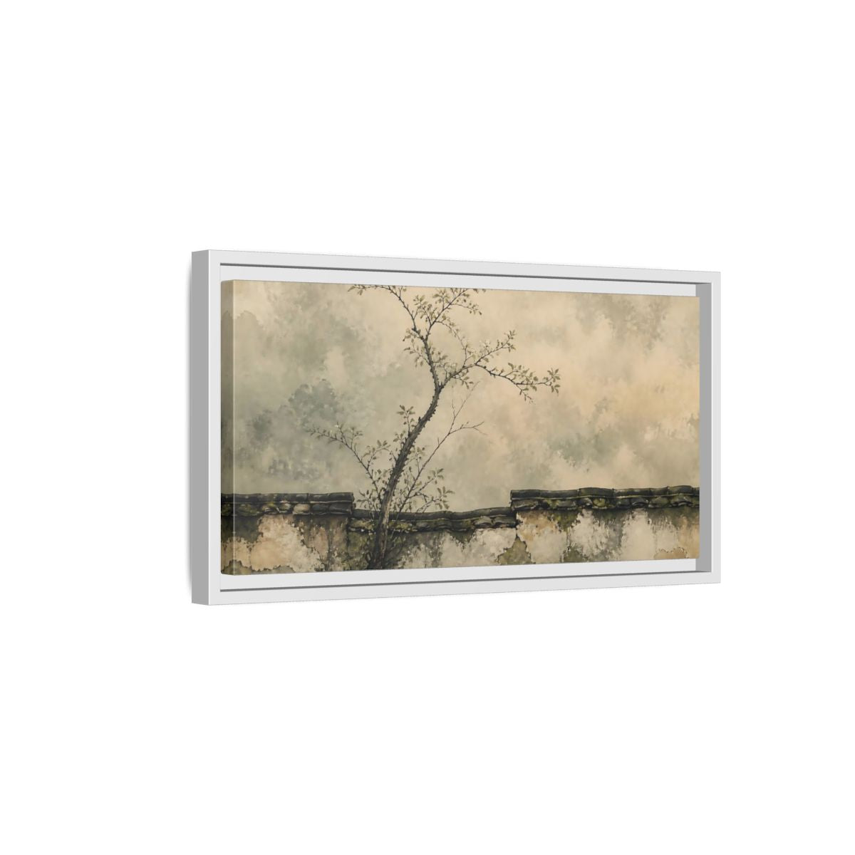 Side Mockup 6. Leaning Branch On Mossy Wall shown as framed canvas print