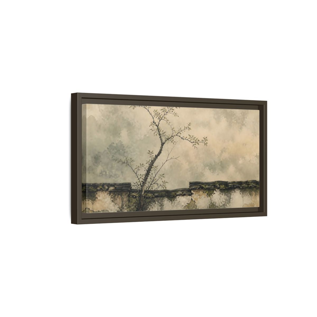 Side Mockup 7. Leaning Branch On Mossy Wall shown as framed canvas print