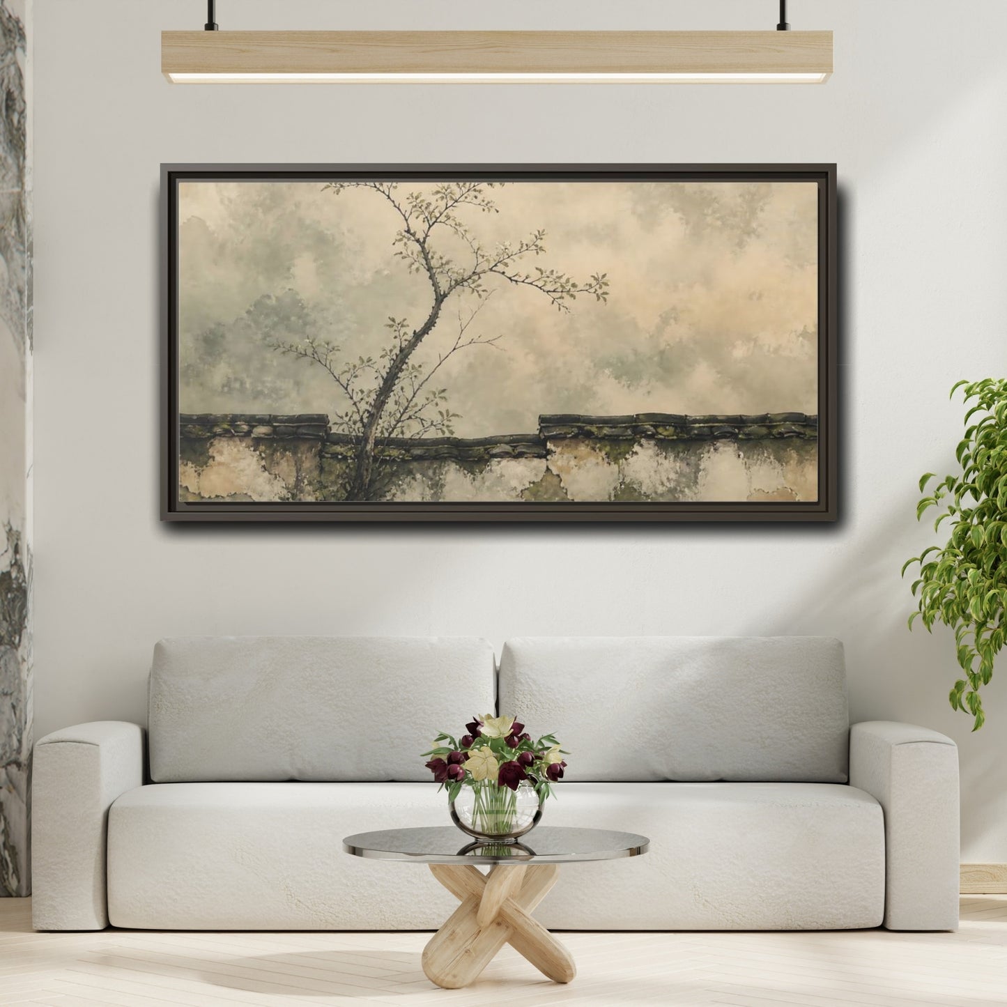 Mockup 2. Leaning Branch On Mossy Wall shown as framed canvas print