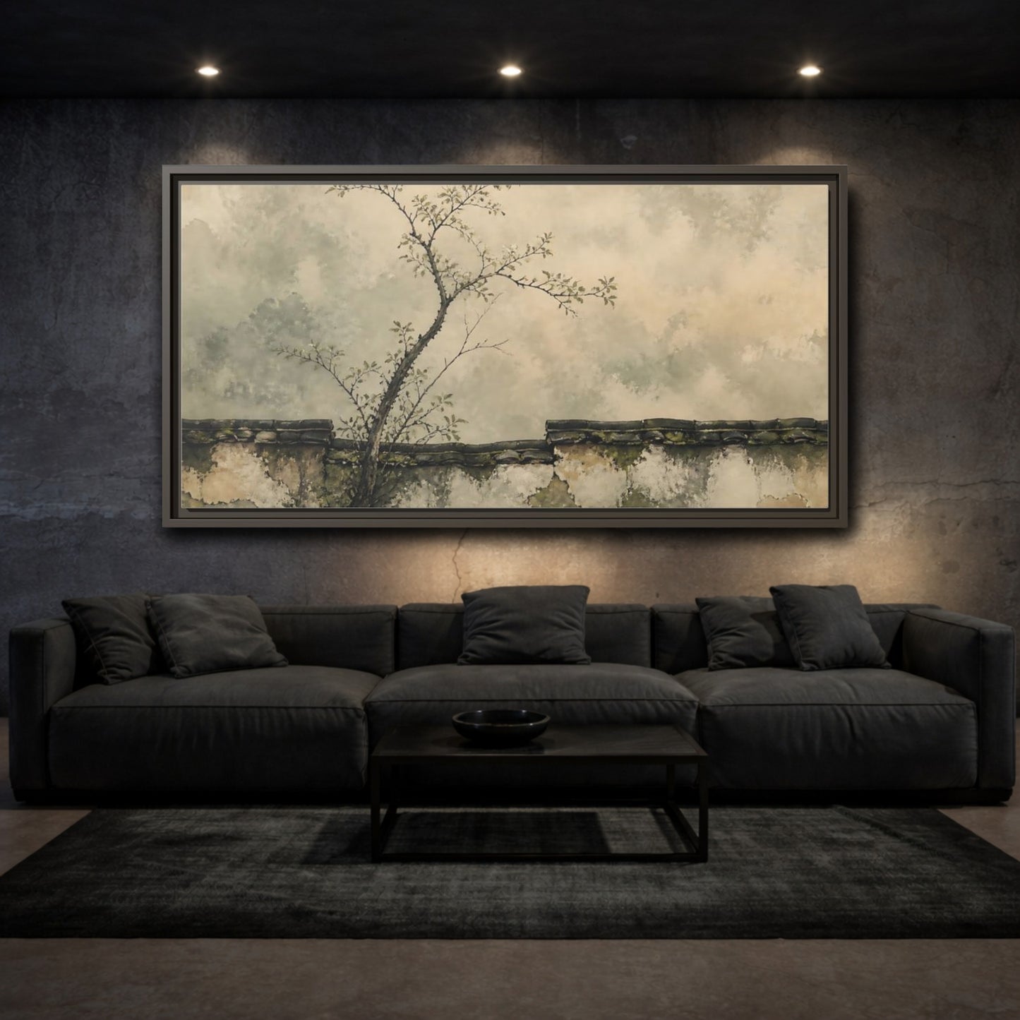 Mockup 3. Leaning Branch On Mossy Wall shown as framed canvas print