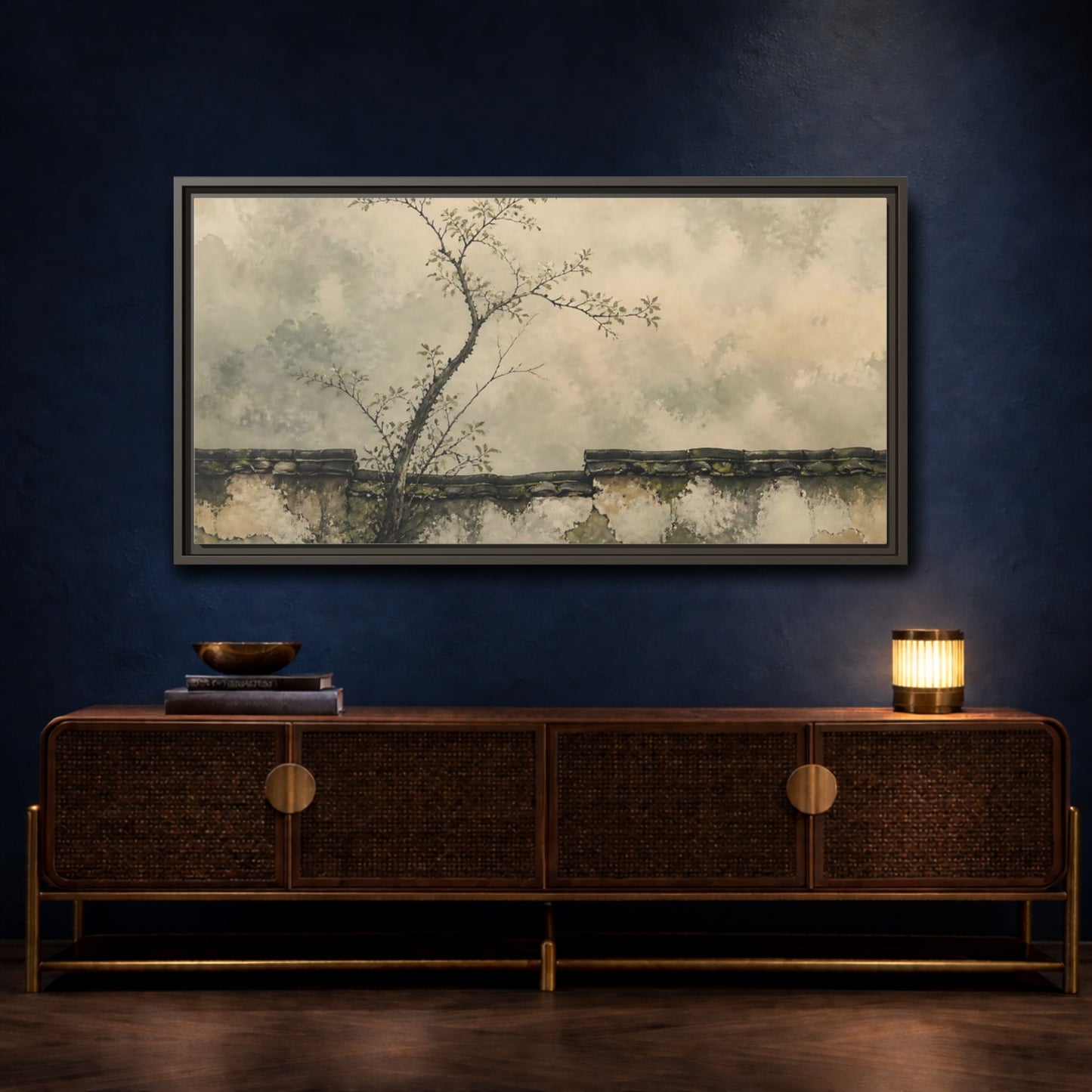 Mockup 4. Leaning Branch On Mossy Wall shown as framed canvas print