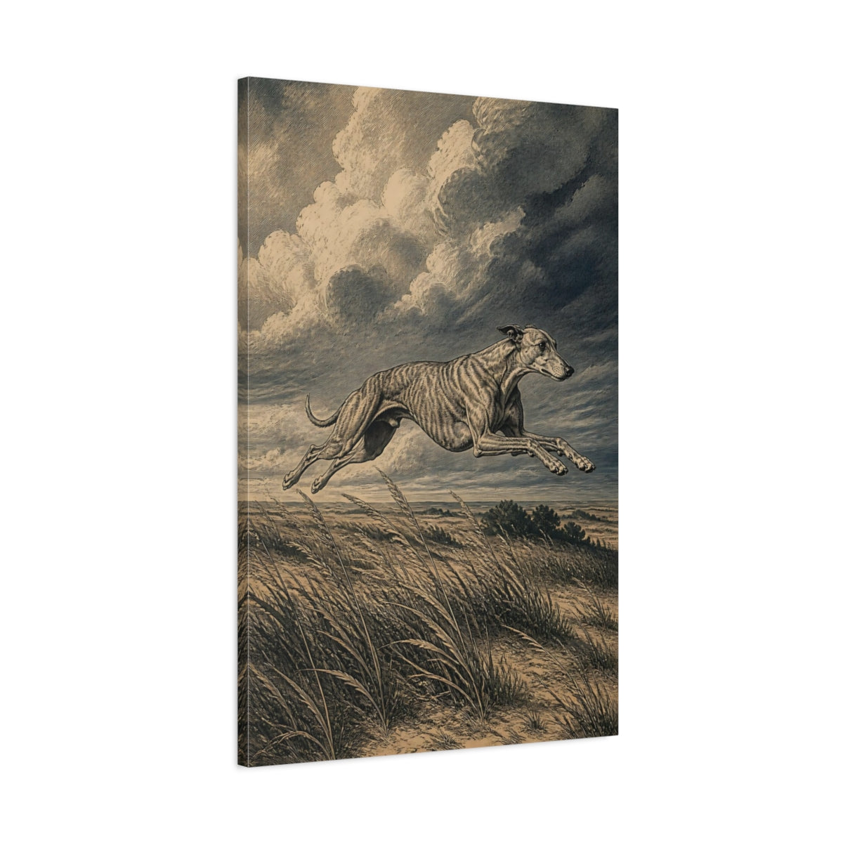 Main Mockup. Leaping Pet Greyhound shown as canvas print