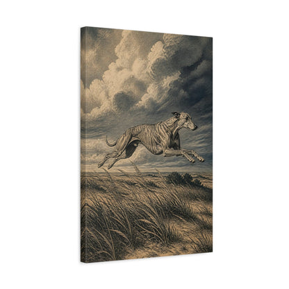 Side Mockup 3. Leaping Pet Greyhound shown as canvas print